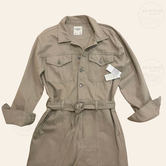Abercrombie & Fitch L Tan Denim Utility Jumpsuit | Wide Leg Belt Cargo NWT $150 - Picture 4 of 11